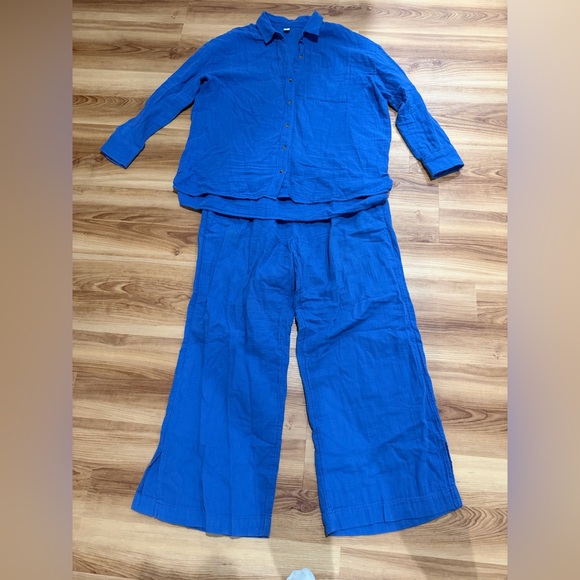 Old Navy Pants - Old Navy Women's Vibrant Blue Wide Leg Pants & Button Down Shirt Linen Set